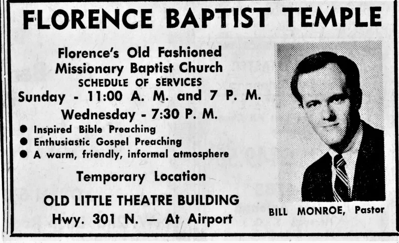 Historic Florence Baptist Temple newspaper advertisement